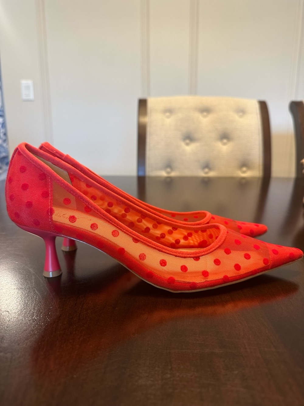 Jewel Badgley Mischka Red Polka Dot Mesh Pointed Kitten Heels